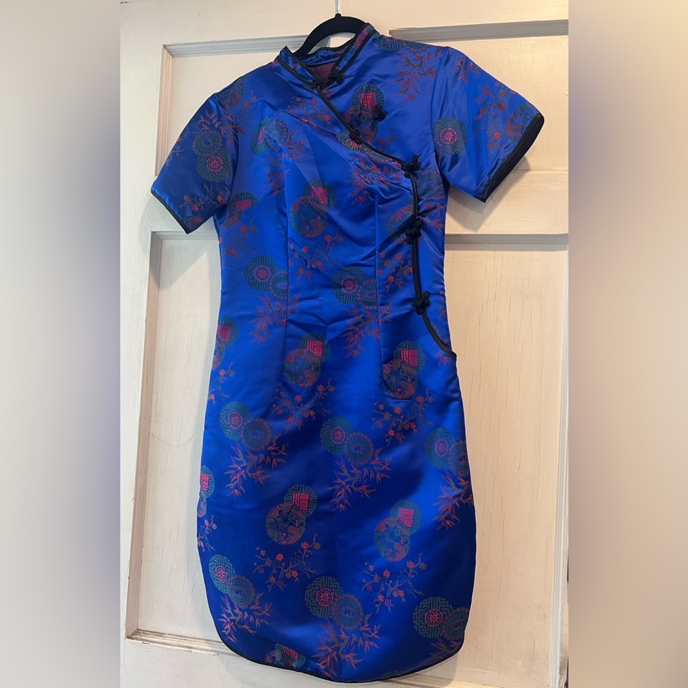 Elegant Blue Floral Cheongsam Dress - Small